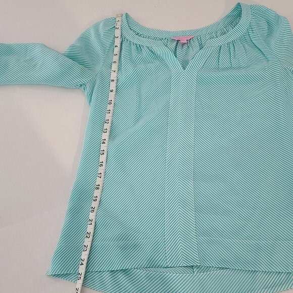 Lilly Pulitzer Moxy 3/4 Sleeve 100% Silk Blouse Turquoise White Stripe Small - Picture 11 of 12
